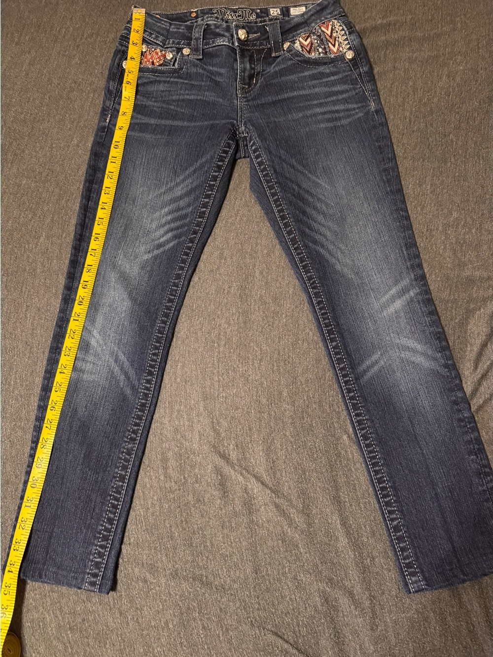 Miss Me Dark Blue Skinny Jeans with Aztec Embroidered Pocket Accent